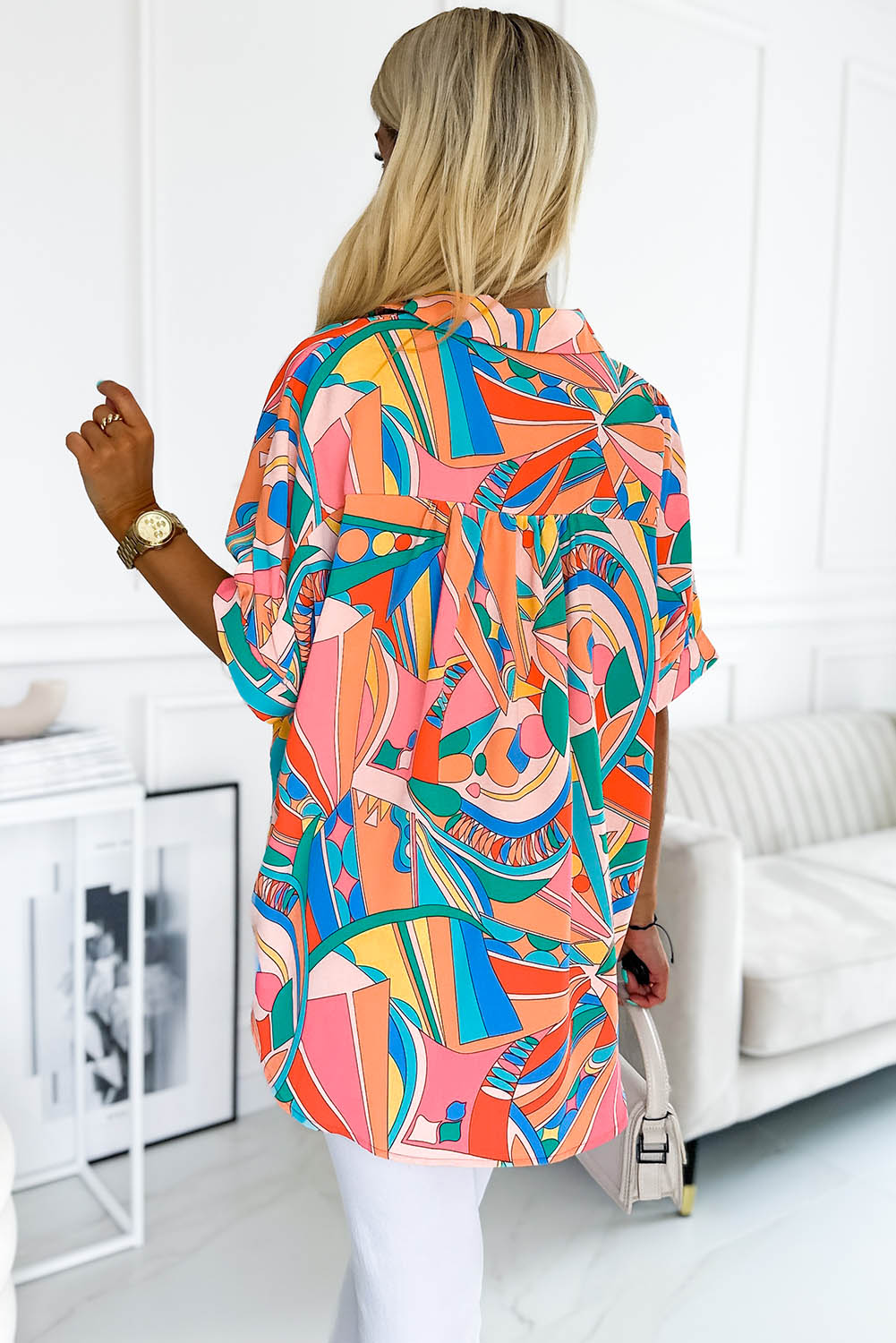 Multicolor Geometric Print Split Neck Ruffle Tiered Mini Dress