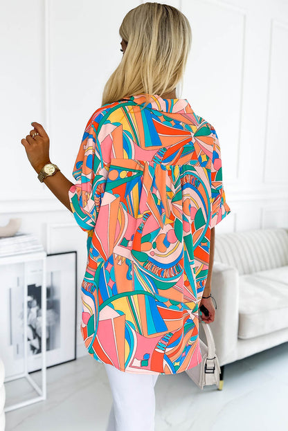 Multicolor Geometric Print Split Neck Ruffle Tiered Mini Dress