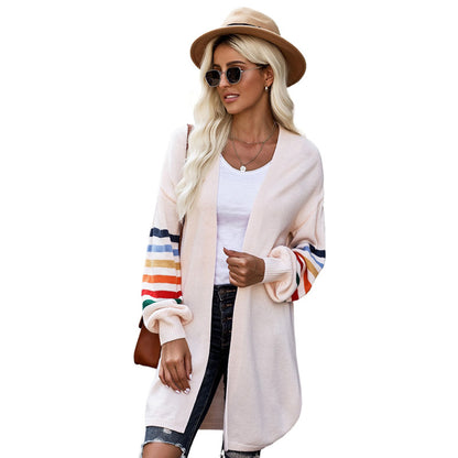 Autumn striped knitted cardigan mid-length coat