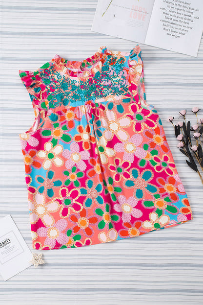 Multicolor Floral Print Smocked Square Neck Ruffles Blouse