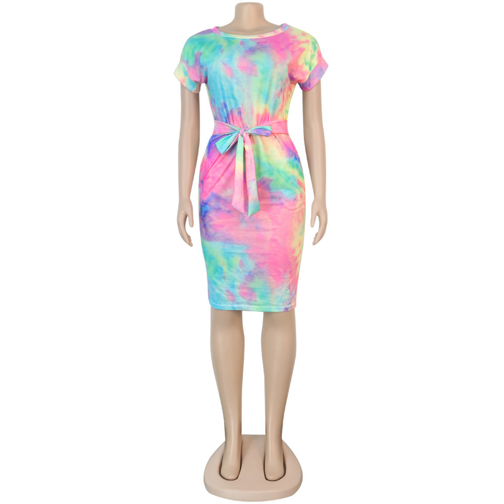 Foreign Trade Women's Clothing Striped Plastic Waist Bandage Sweet Dress