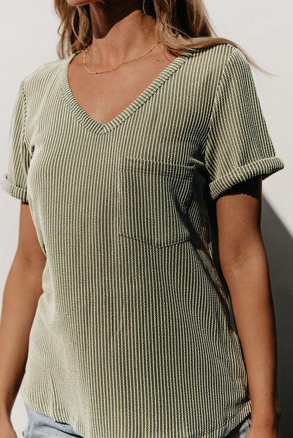 Carbon Grey Twist Short Sleeve Corded V Neck Top