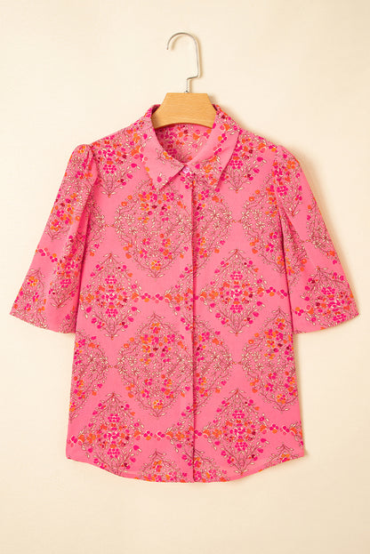Rose Red Floral Print Wide Short Sleeve Loose Shirt