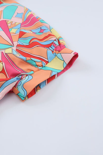 Multicolor Geometric Print Split Neck Ruffle Tiered Mini Dress