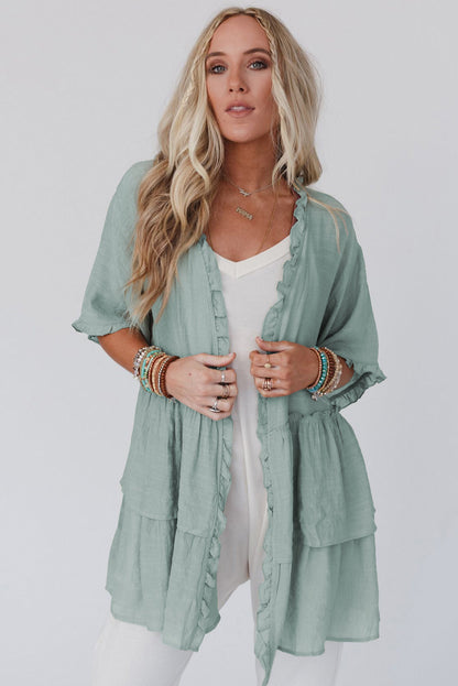 Gray Ruffled Trim Half Sleeve Open Front Kimono