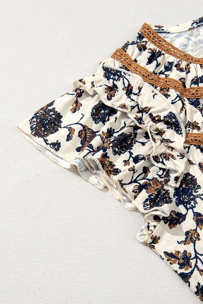 White Floral Frilly Blouse with Lace Up