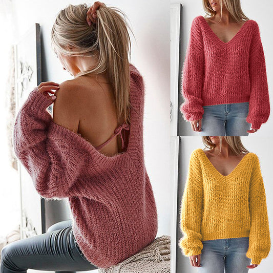 Long-sleeved V-neck strappy casual loose sweater