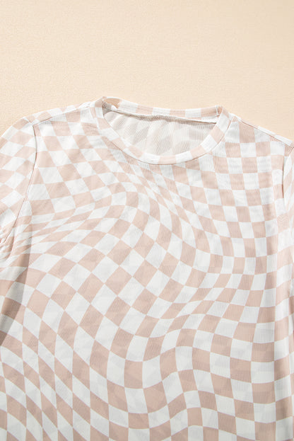 Khaki Checkered Pattern Mesh Mock Neck Long Sleeve Top