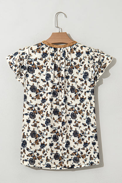 White Floral Frilly Blouse with Lace Up