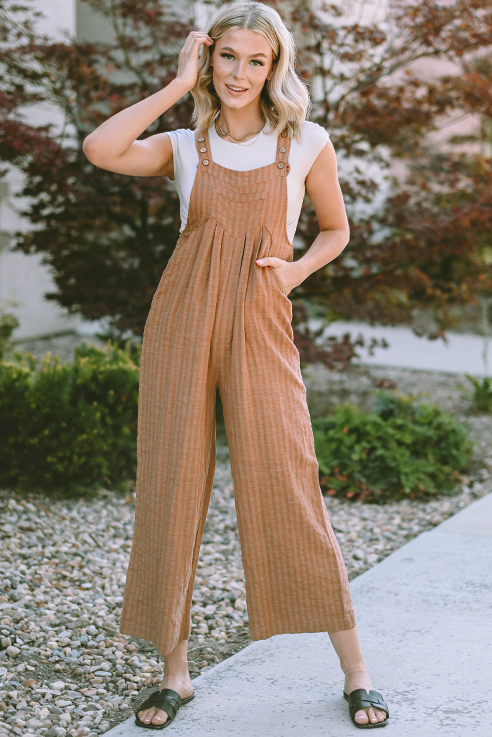 Chicory Coffee Striped Pleated Wide Leg Pocketed Jumpsuit