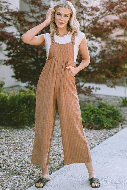 Chicory Coffee Striped Pleated Wide Leg Pocketed Jumpsuit