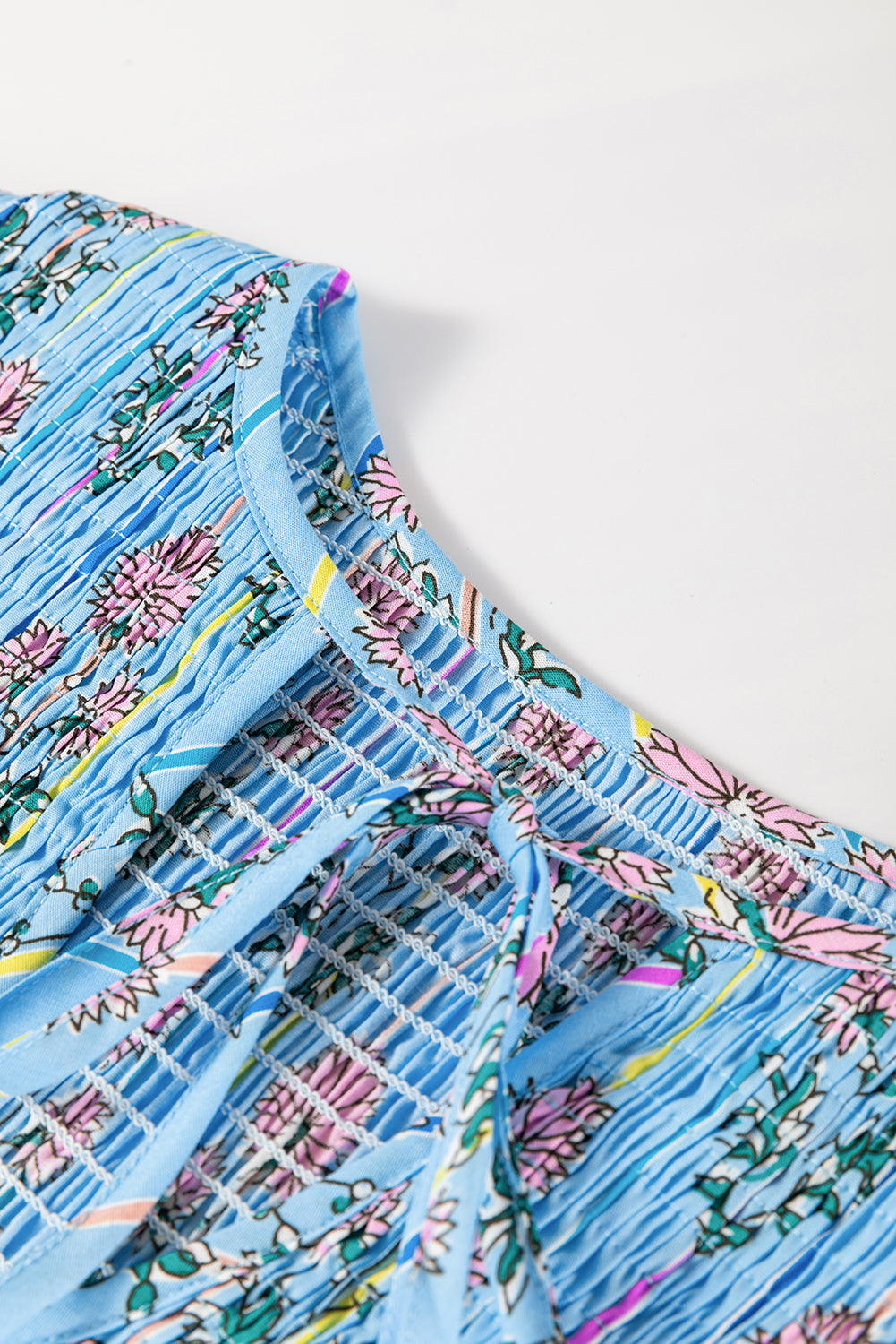 Sky Blue Floral Striped Print Shirred Yoke Split Neck Blouse