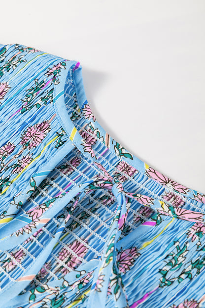 Sky Blue Floral Striped Print Shirred Yoke Split Neck Blouse