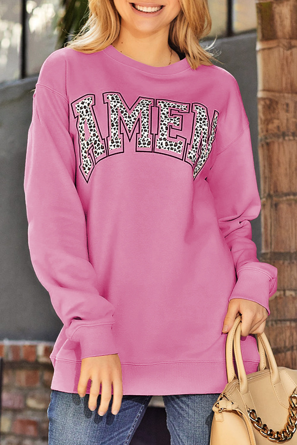 Pink AMEN Leopard Letter Print Oversized Pullover Sweatshirt
