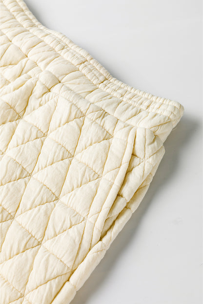 Beige Quilted V Neck Hoodie Drawstring Shorts Set