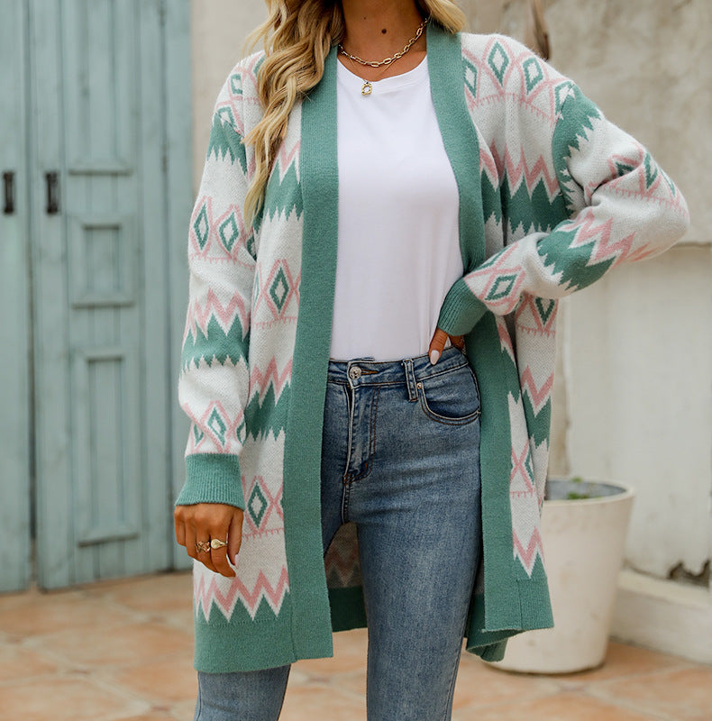 Diamond Shaped Check Color In The Long Knitted Cardigan