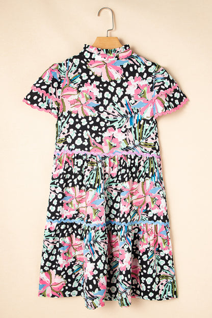 Pink Leopard Floral Print Wavy Embellished Mini Dress