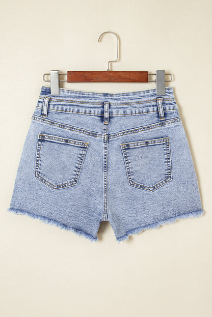 Beau Blue Rhinestone Light Wash Raw Hem High Waist Denim Shorts