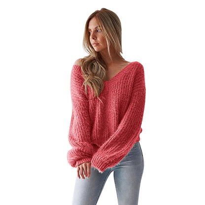 Long-sleeved V-neck strappy casual loose sweater