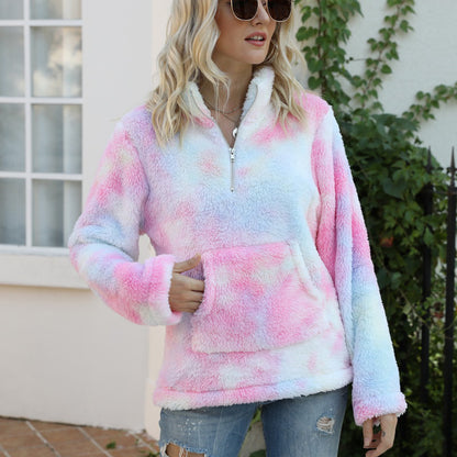 Tie-dye zipper stand collar pocket long sleeve plush sweatshirt