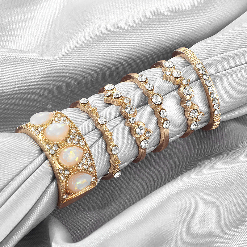 European And American Style Jewelry Diamond Drop-Shaped Opal Ring Set Of 6