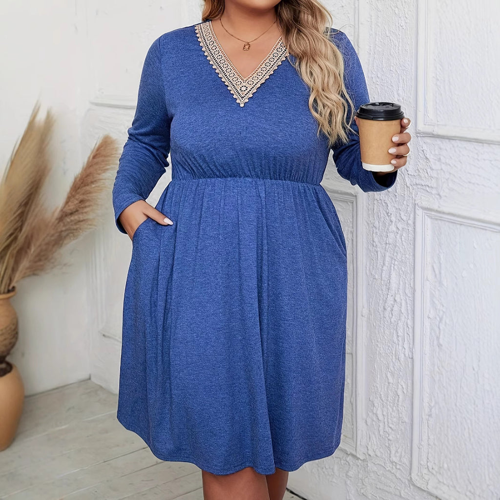Womens V-neck Long-sleeve Knit Dress With Lace-trimmed Neckline