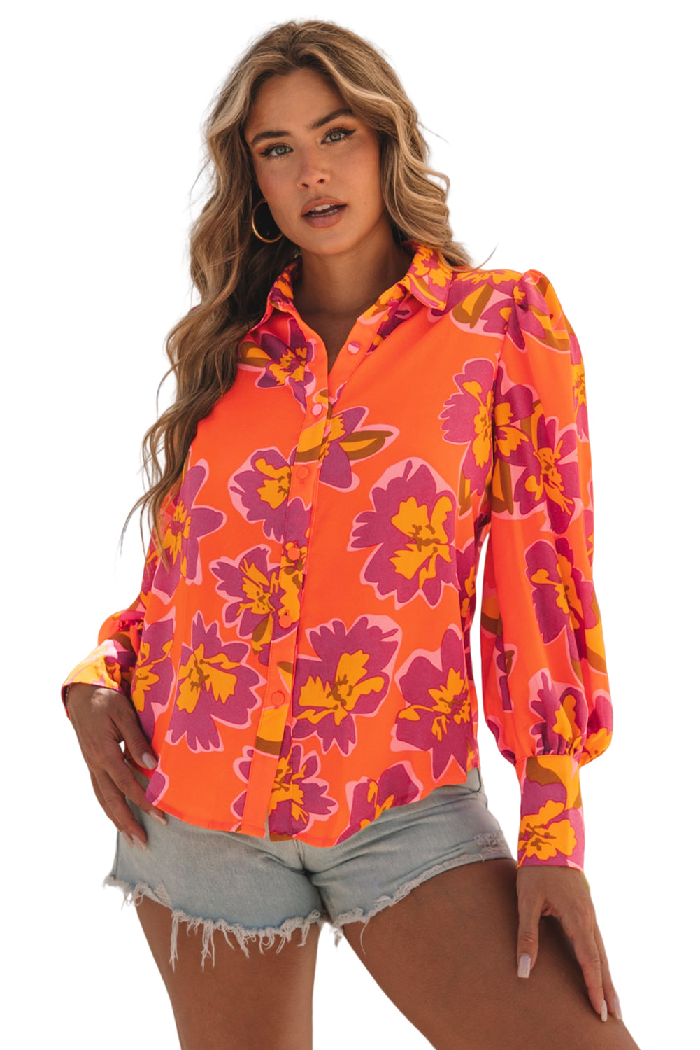 Multicolor Swirl Color Block Print Lantern Sleeve Shirt