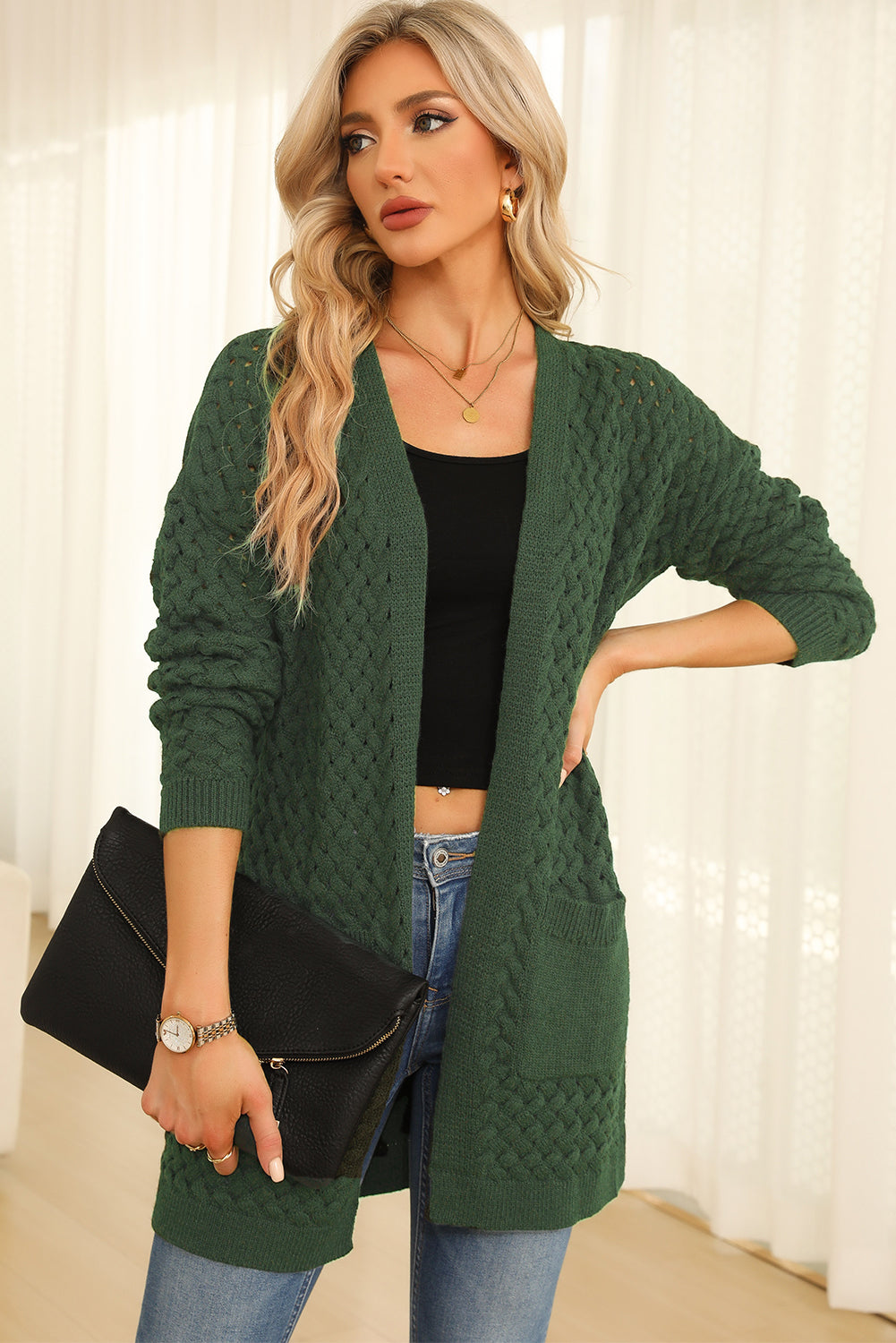 Chestnut Weave Knit Side Pockets Plus Size Cardigan