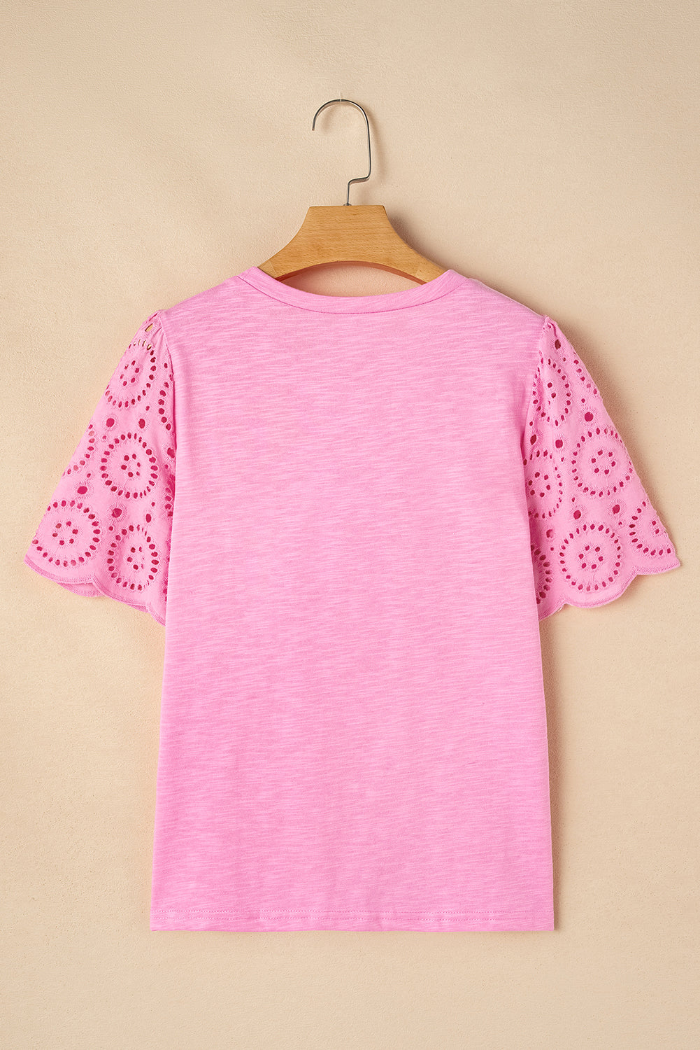Pink Eyelet Embroidery Scalloped Sleeve Round Neck T Shirt
