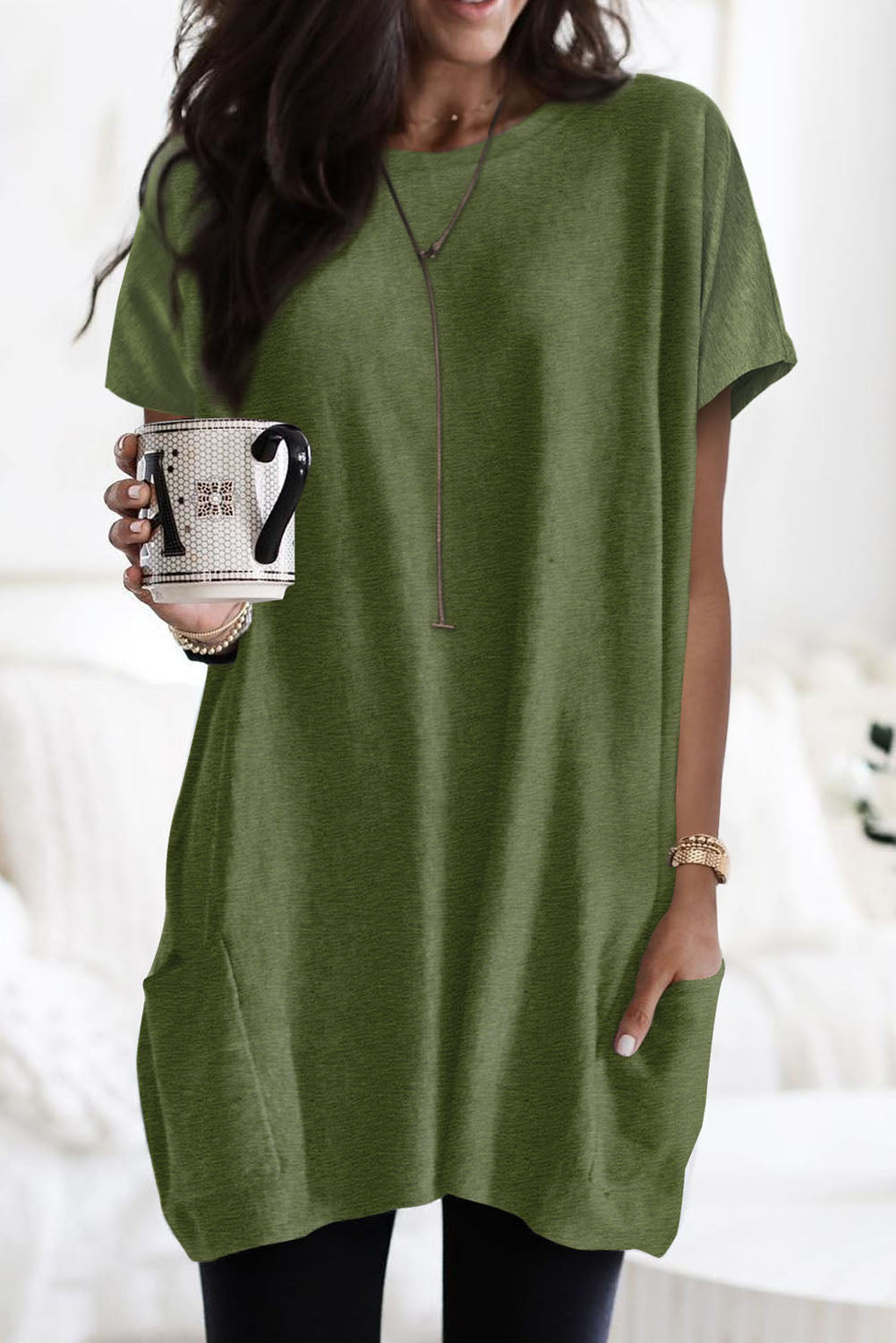 Khaki Side Pockets Short Sleeve Tunic Top