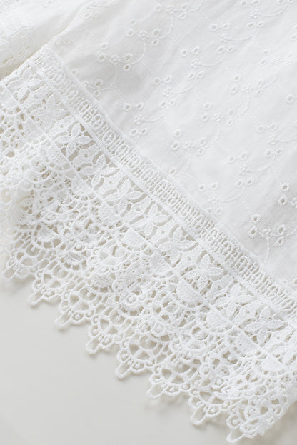 White V Neck Lace Trim Embroidered High Waist Romper