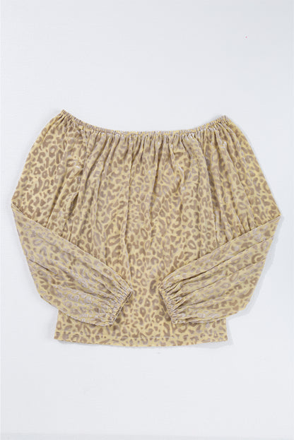 Beige Leopard Velvet Burnout Off Shoulder Long Sleeve Blouse