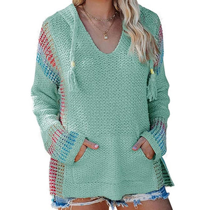 Striped Color Matching Hooded Long Sleeve Pullover Loose Sweater