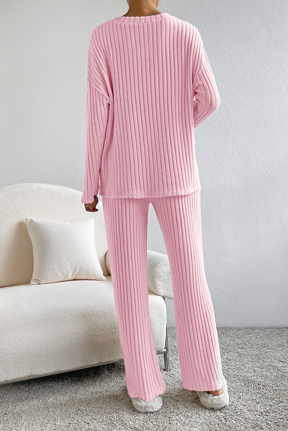 Pink Plain Ribbed Loose Fit Two Piece Lounge Set