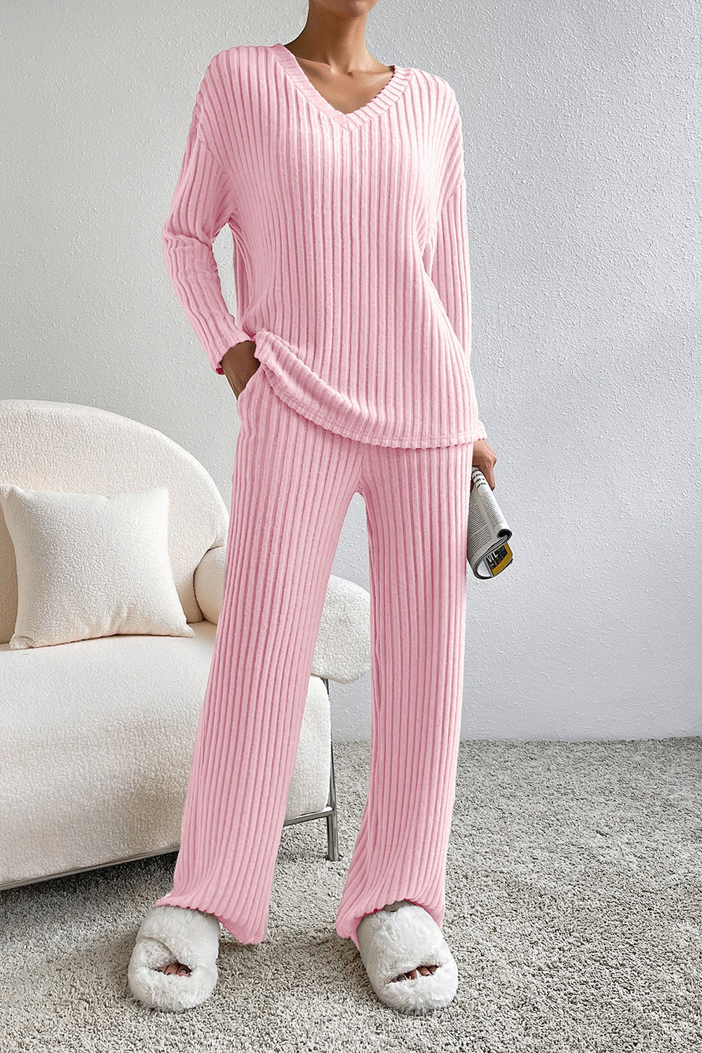 Pink Plain Ribbed Loose Fit Two Piece Lounge Set