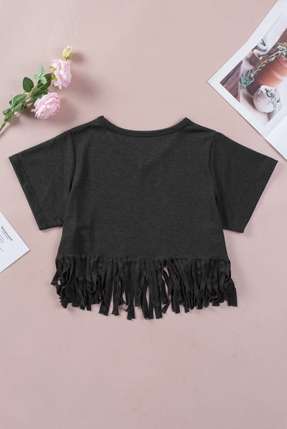Red Fringe Hem V Neck T Shirt