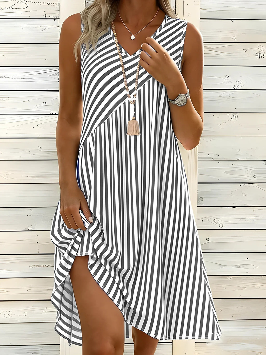 3D Printed Striped Casual Loose Fitting Dress