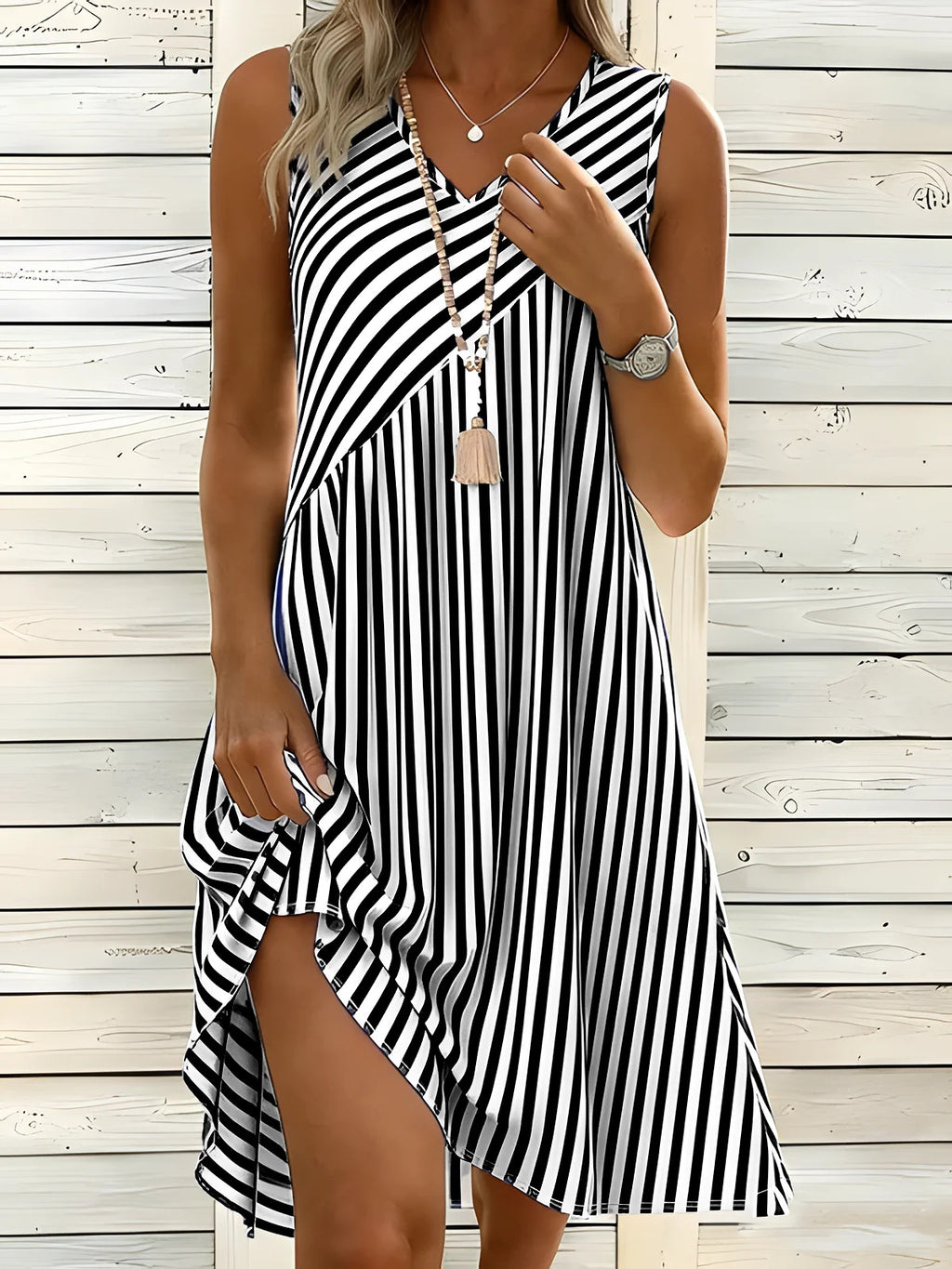 3D Printed Striped Casual Loose Fitting Dress