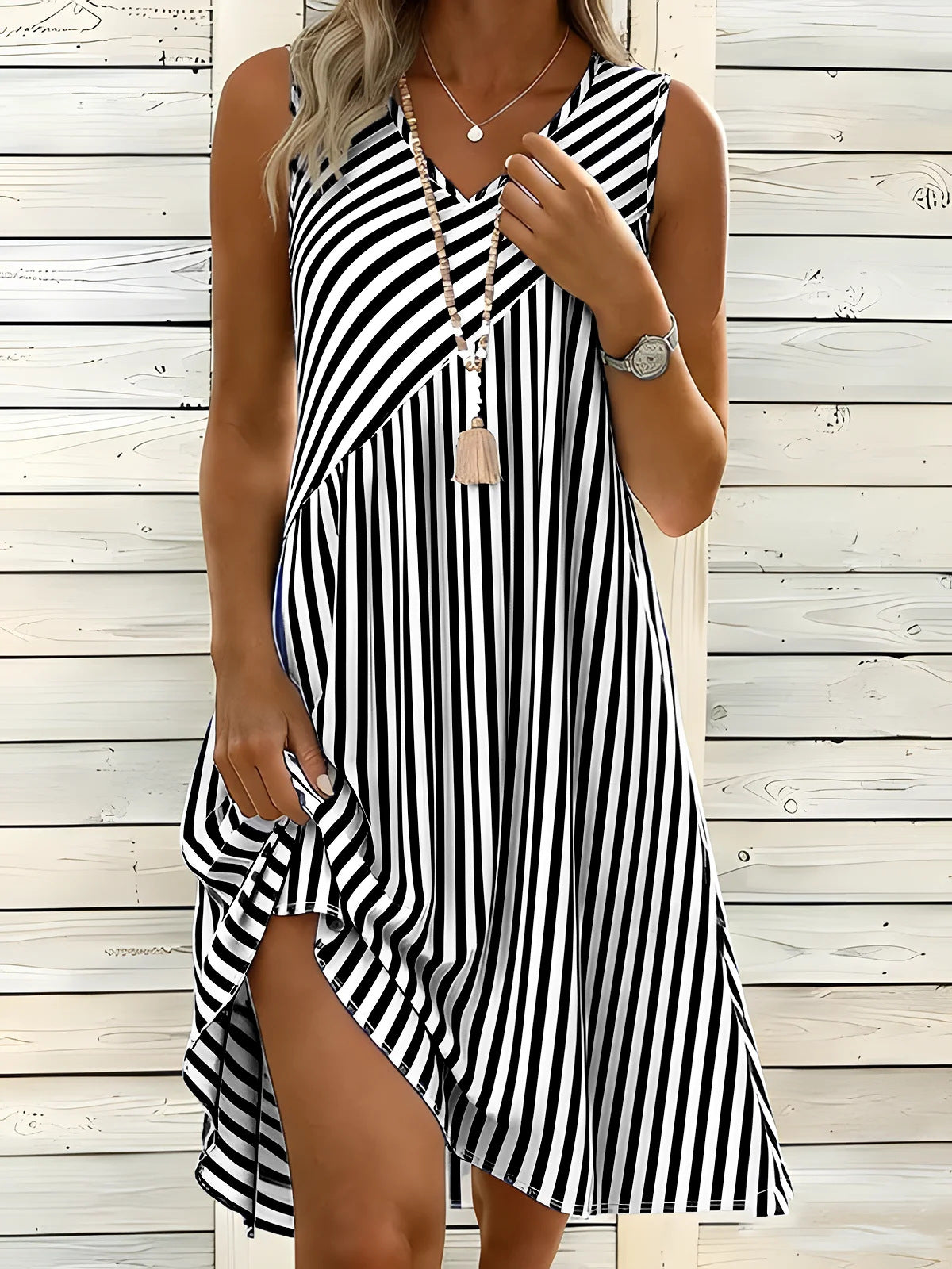 3D Printed Striped Casual Loose Fitting Dress