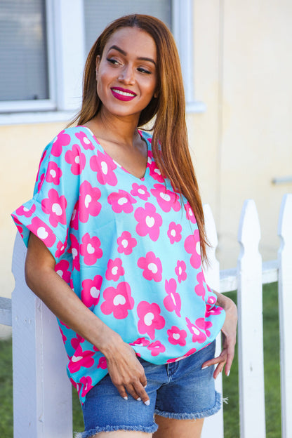 Spring Vibes Blue & Pink Floral Print V Neck Short Sleeve Top