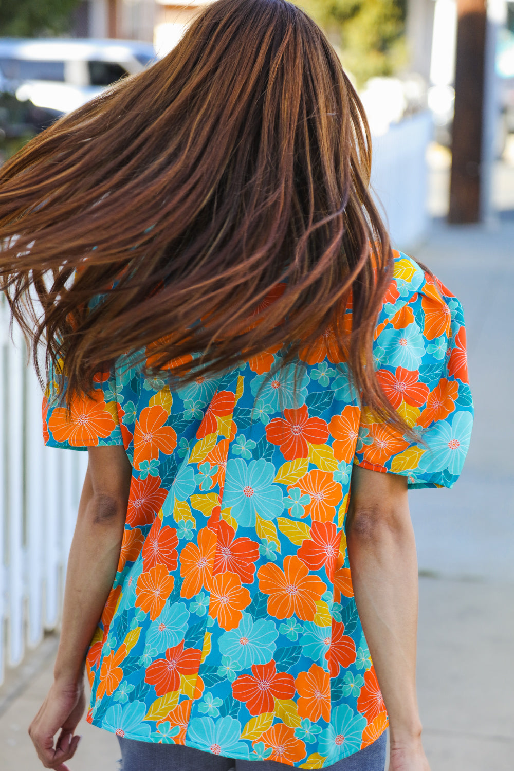 Vacay Ready Blue & Orange Floral Frill Mock Neck Top