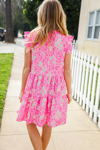 Meet Me in Pink Multicolor Leopard Print Frill Neck Dress