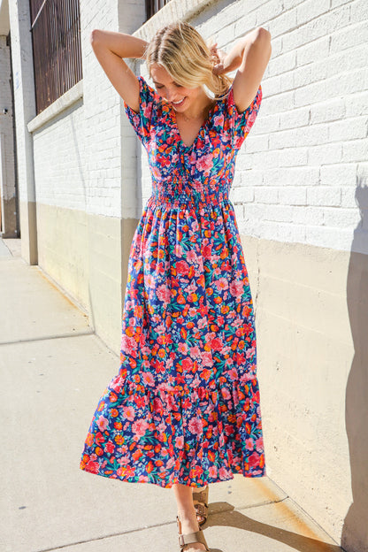 Find Love Blue Floral Raglan Puff Sleeves V Neck Smocked Waist Maxi