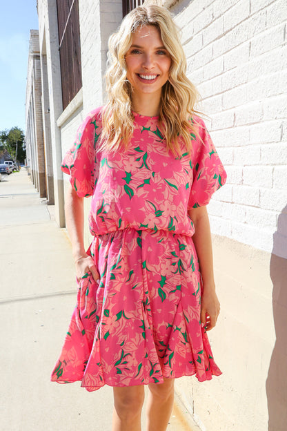 Flower Power Woven High Neck Elastic Puff Sleeve Godet Dress