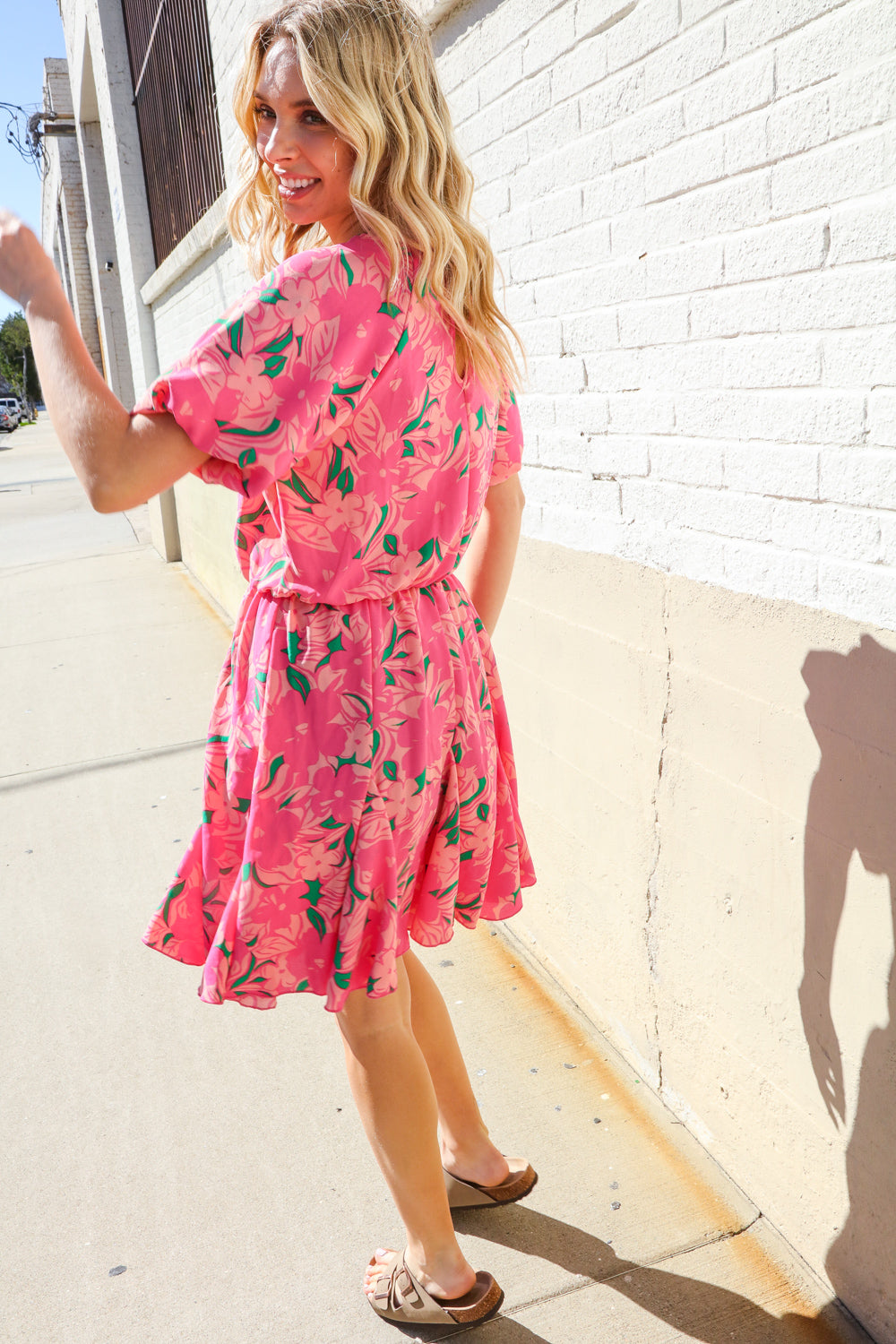 Flower Power Woven High Neck Elastic Puff Sleeve Godet Dress