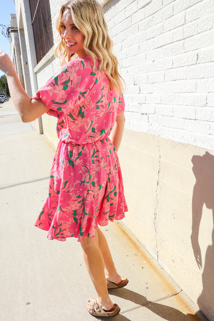 Flower Power Woven High Neck Elastic Puff Sleeve Godet Dress