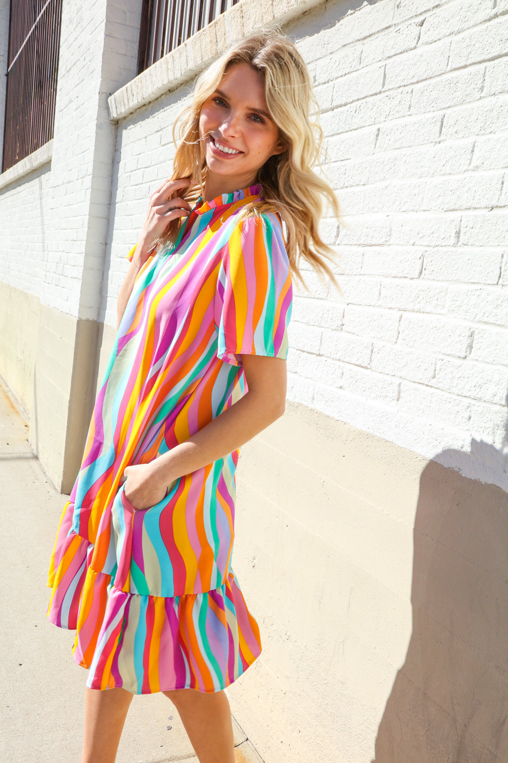 Boho Vibes Multicolor Abstract Print Frill Notch Neck Dress