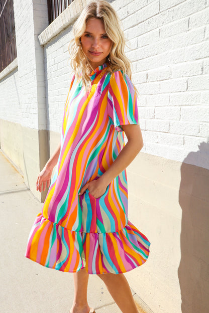 Boho Vibes Multicolor Abstract Print Frill Notch Neck Dress
