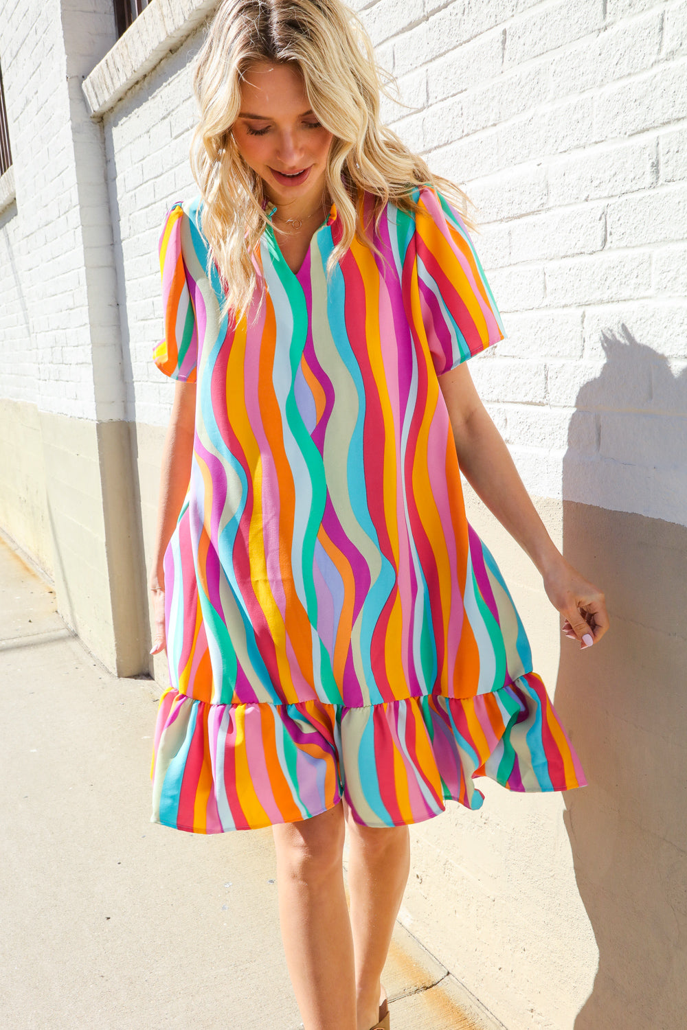 Boho Vibes Multicolor Abstract Print Frill Notch Neck Dress