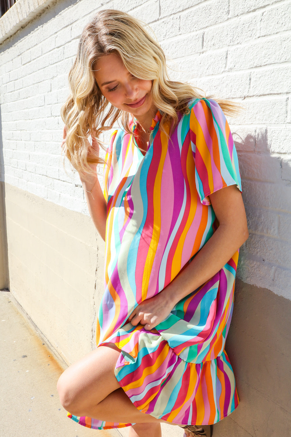 Boho Vibes Multicolor Abstract Print Frill Notch Neck Dress